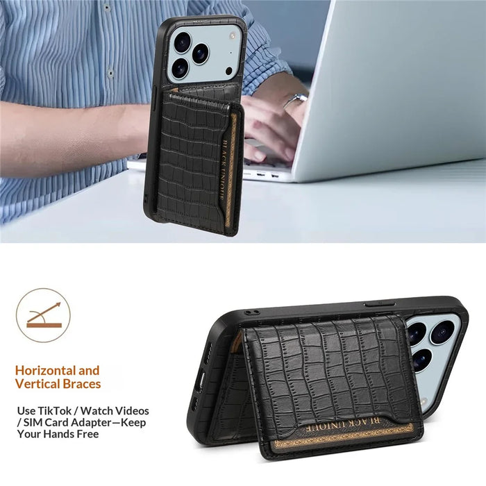 For iPhone 17 Pro Max Case Card Holder Kickstand Crocodile Texture Leather Back Phone Cover - Black - 5