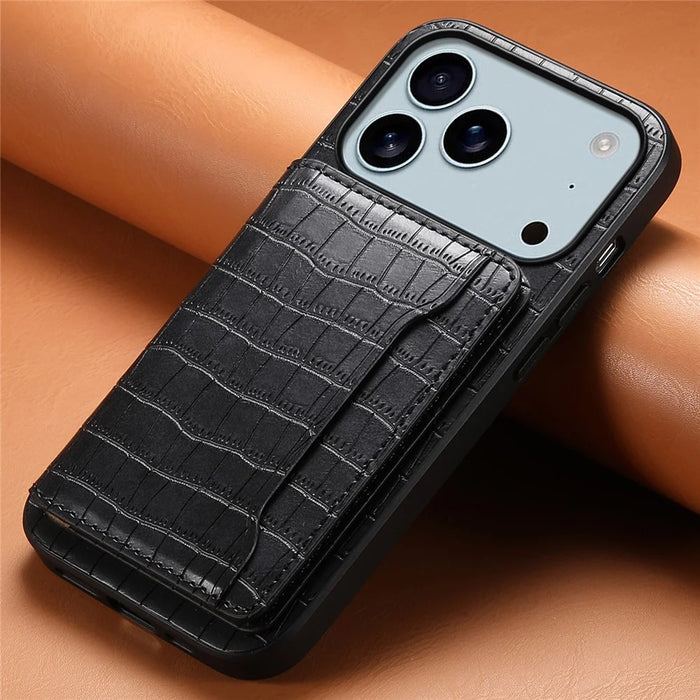 For iPhone 17 Pro Max Case Card Holder Kickstand Crocodile Texture Leather Back Phone Cover - Black - 6