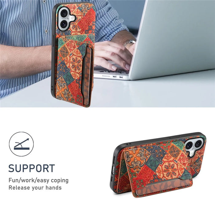 For iPhone 17 Case Flower Print Leather + PC + TPU Cover with Card Holder Kickstand - Winter / Blue - 5