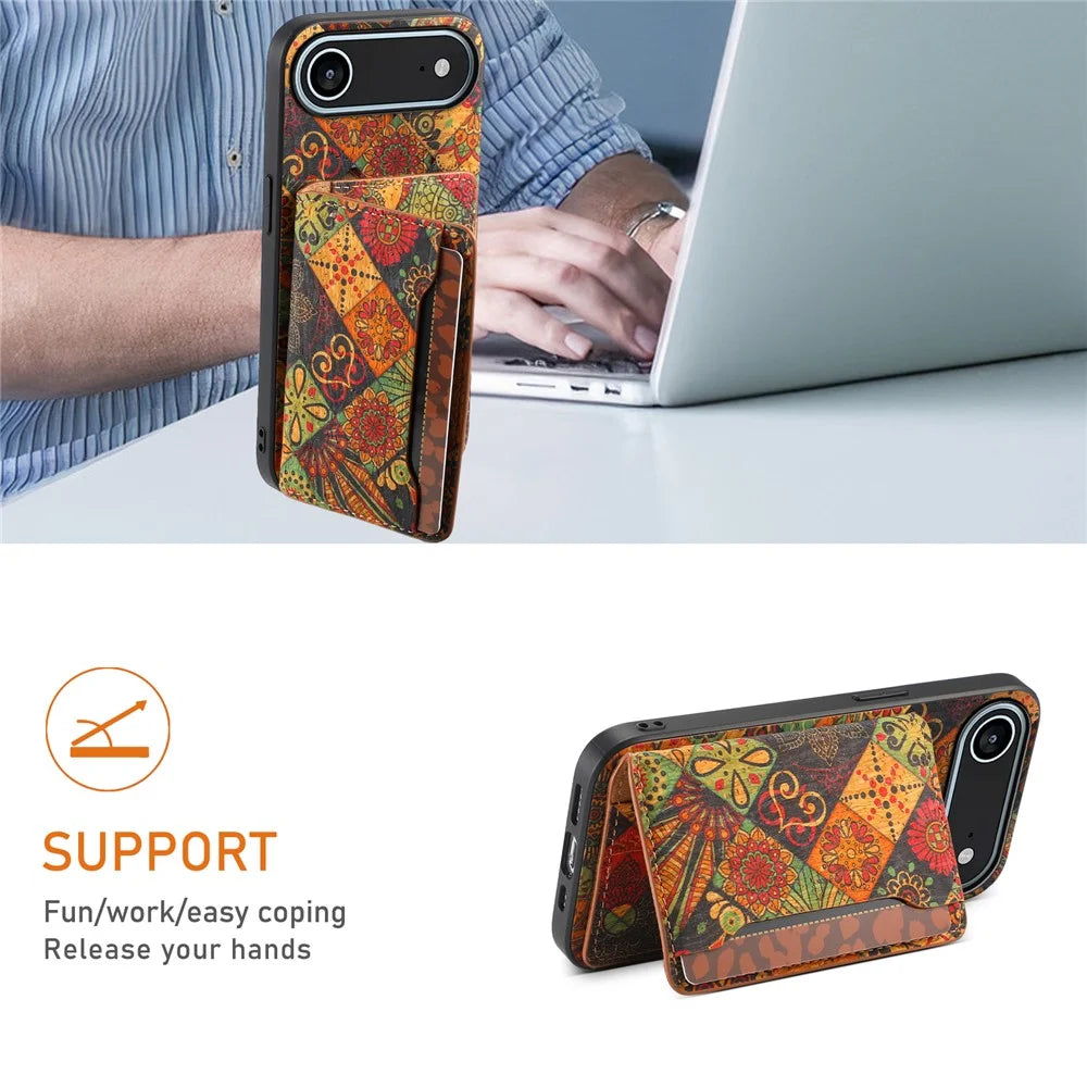 For iPhone Air Case Flower Print Leather + PC + TPU Cover with Card Holder Kickstand - Autumn / Yellow - 5