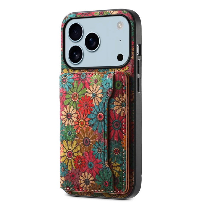 For iPhone 17 Pro Case Flower Print Leather + PC + TPU Cover with Card Holder Kickstand - Spring / Green - 1