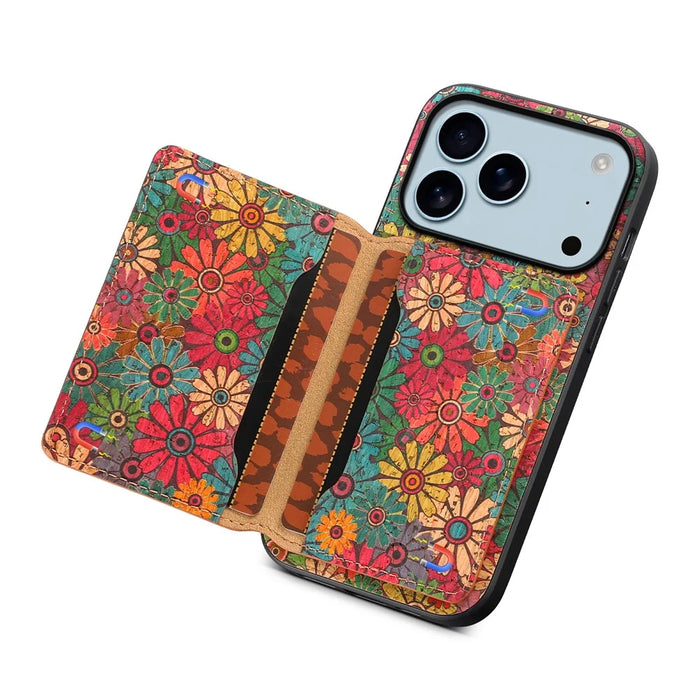 For iPhone 17 Pro Case Flower Print Leather + PC + TPU Cover with Card Holder Kickstand - Spring / Green - 4