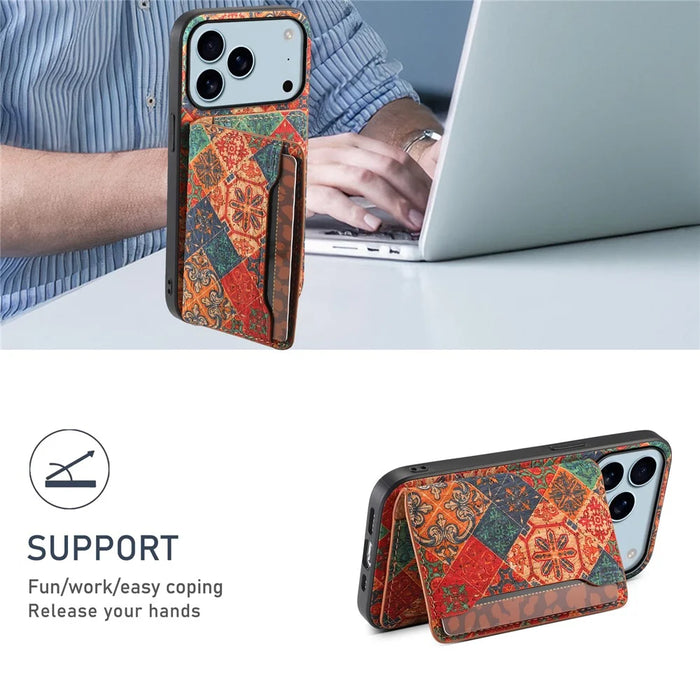 For iPhone 17 Pro Case Flower Print Leather + PC + TPU Cover with Card Holder Kickstand - Spring / Green - 5
