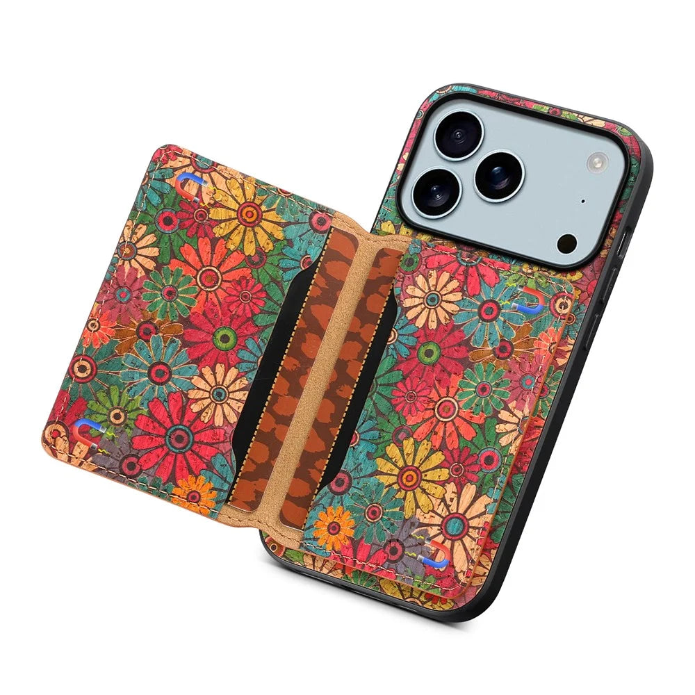 For iPhone 17 Pro Max Case Flower Print Leather + PC + TPU Cover with Card Holder Kickstand - Spring / Green - 2