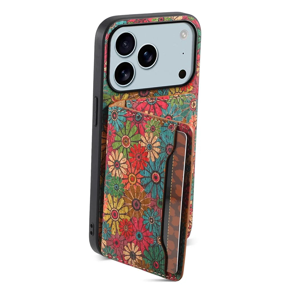 For iPhone 17 Pro Max Case Flower Print Leather + PC + TPU Cover with Card Holder Kickstand - Spring / Green - 3