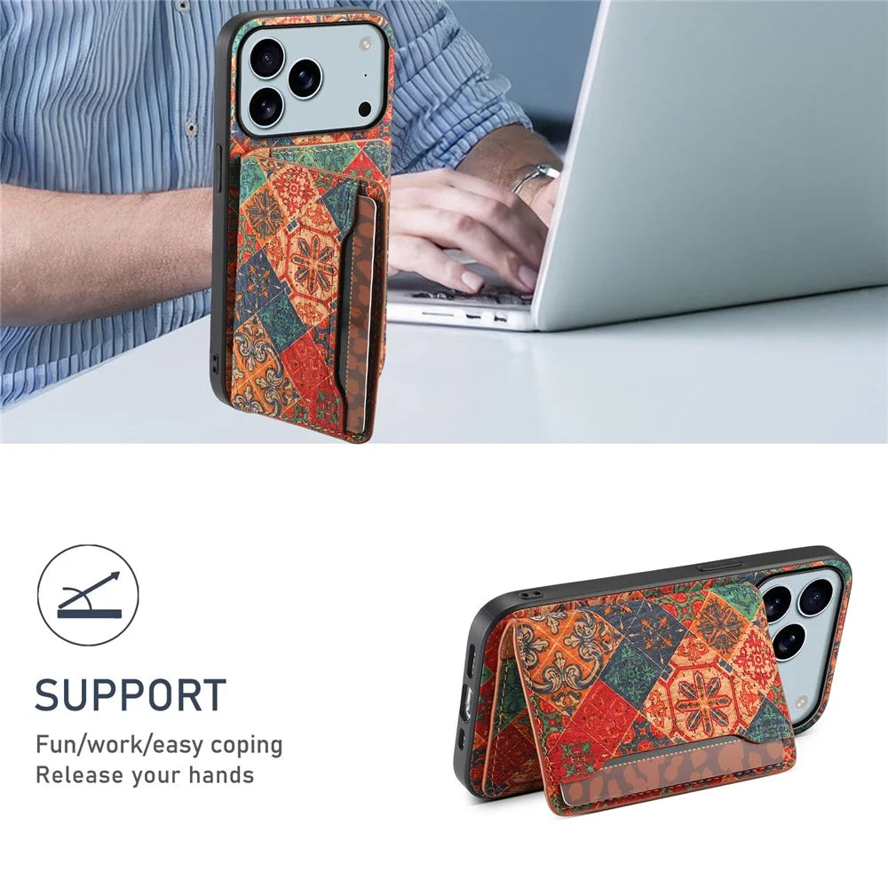 For iPhone 17 Pro Max Case Flower Print Leather + PC + TPU Cover with Card Holder Kickstand - Spring / Green - 5