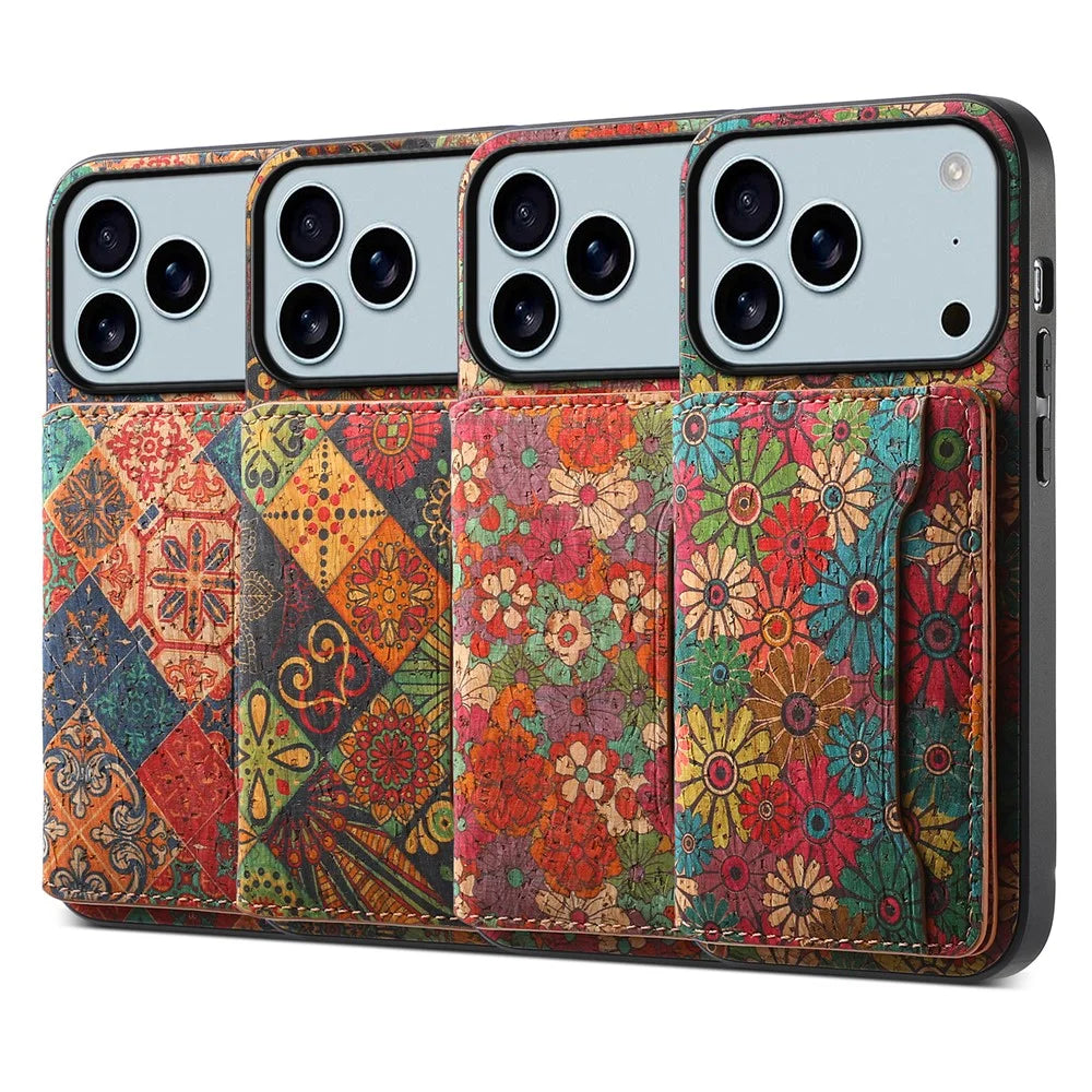 For iPhone 17 Pro Max Case Flower Print Leather + PC + TPU Cover with Card Holder Kickstand - Spring / Green - 6