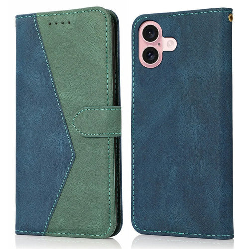 For iPhone 17 Case Color Splicing Wallet Stand Leather Phone Cover with Wrist Strap - Blue / Green - 1