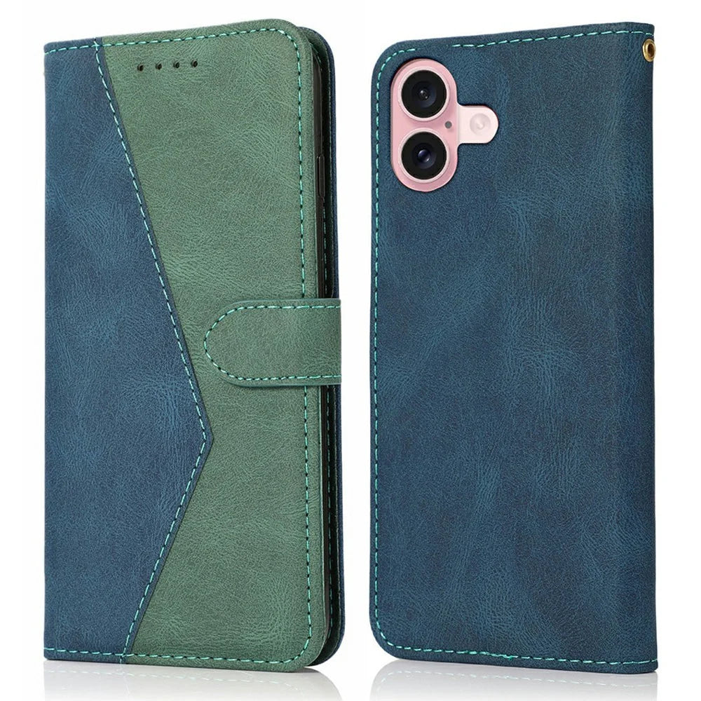 For iPhone 17 Case Color Splicing Wallet Stand Leather Phone Cover with Wrist Strap - Blue / Green - 1
