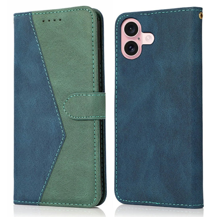 For iPhone 17 Case Color Splicing Wallet Stand Leather Phone Cover with Wrist Strap - Blue / Green - 1