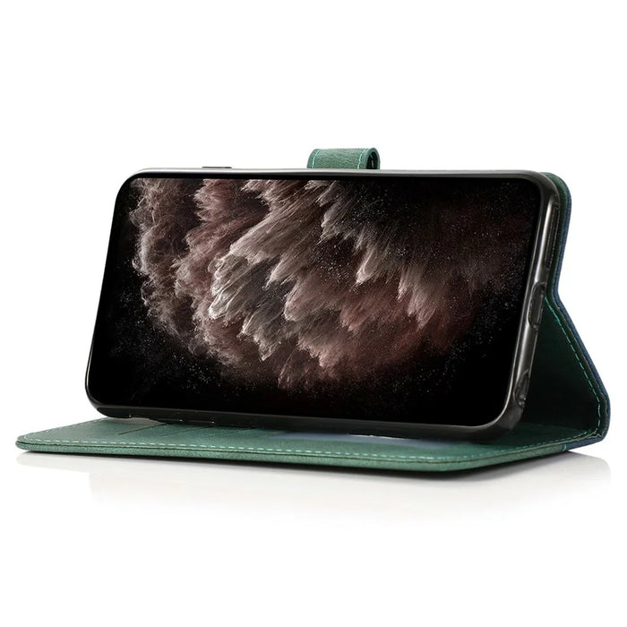 For iPhone 17 Case Color Splicing Wallet Stand Leather Phone Cover with Wrist Strap - Blue / Green - 3