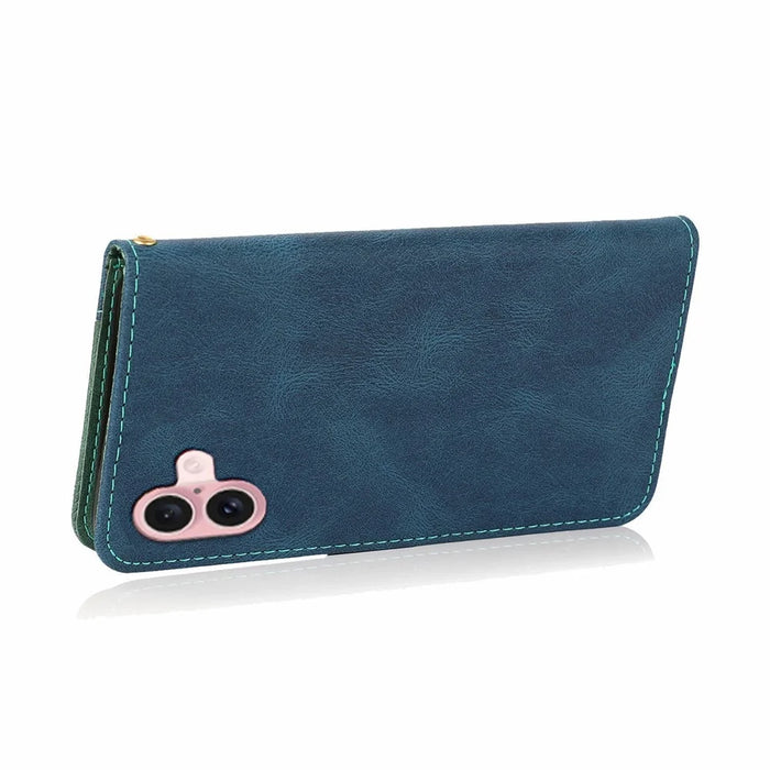 For iPhone 17 Case Color Splicing Wallet Stand Leather Phone Cover with Wrist Strap - Blue / Green - 4
