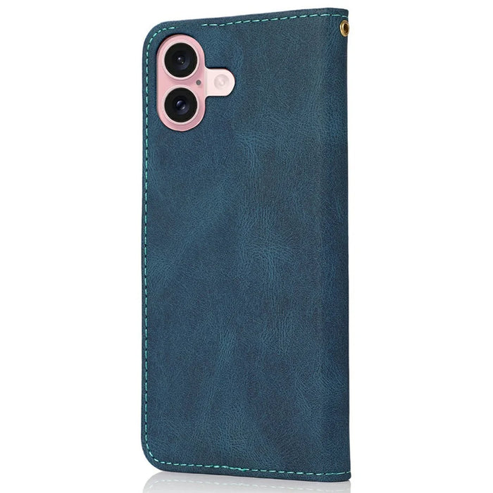 For iPhone 17 Case Color Splicing Wallet Stand Leather Phone Cover with Wrist Strap - Blue / Green - 6