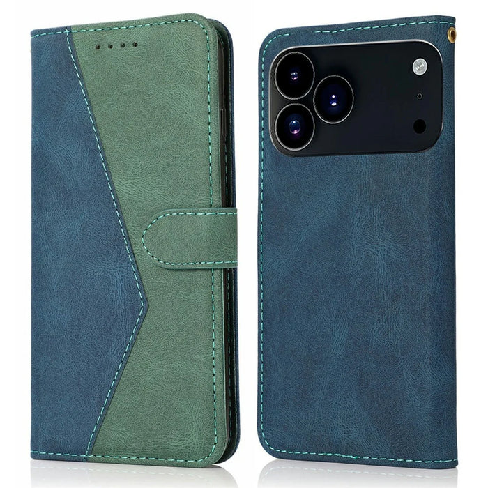 For iPhone 18 Pro / 17  Pro Case Color Splicing Wallet Stand Leather Phone Cover with Wrist Strap - Blue / Green - 1
