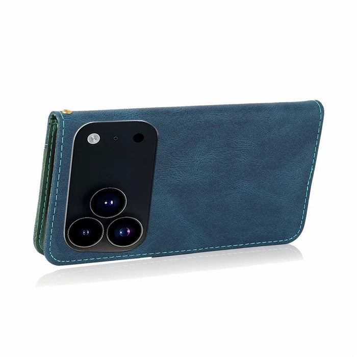 For iPhone 18 Pro / 17  Pro Case Color Splicing Wallet Stand Leather Phone Cover with Wrist Strap - Blue / Green - 4