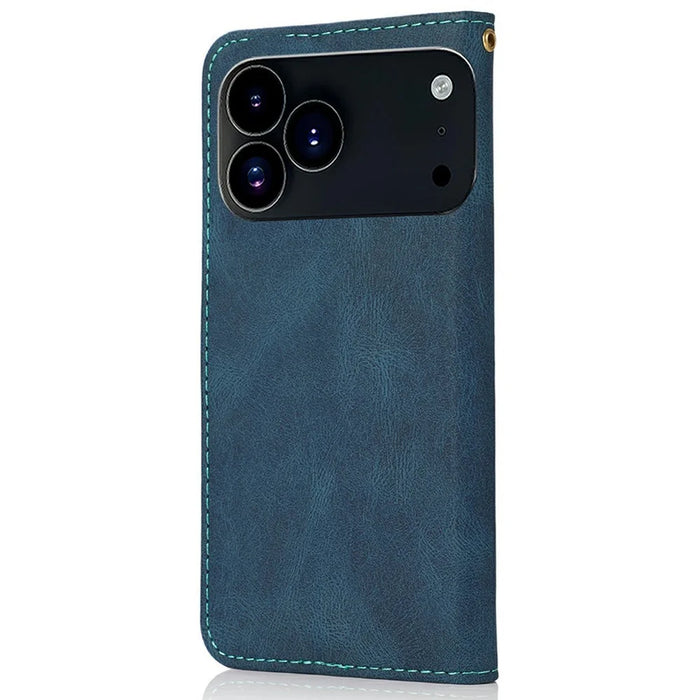 For iPhone 18 Pro / 17  Pro Case Color Splicing Wallet Stand Leather Phone Cover with Wrist Strap - Blue / Green - 6