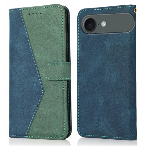 For iPhone Air Case Color Splicing Wallet Stand Leather Phone Cover with Wrist Strap - Blue / Green - 1