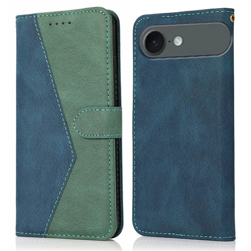 For iPhone Air Case Color Splicing Wallet Stand Leather Phone Cover with Wrist Strap - Blue / Green - 1