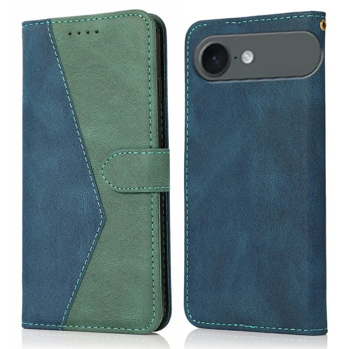 For iPhone Air Case Color Splicing Wallet Stand Leather Phone Cover with Wrist Strap - Blue / Green - 1