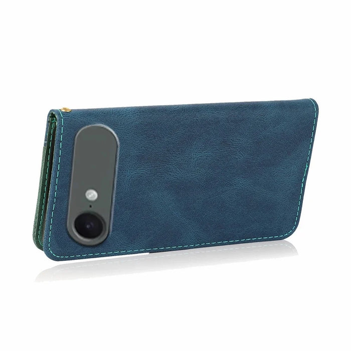 For iPhone Air Case Color Splicing Wallet Stand Leather Phone Cover with Wrist Strap - Blue / Green - 4