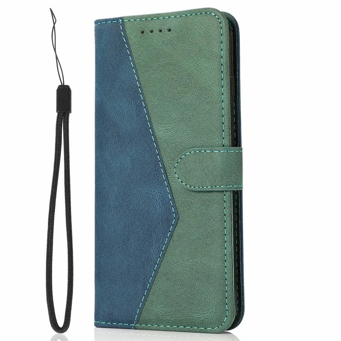 For iPhone Air Case Color Splicing Wallet Stand Leather Phone Cover with Wrist Strap - Blue / Green - 5