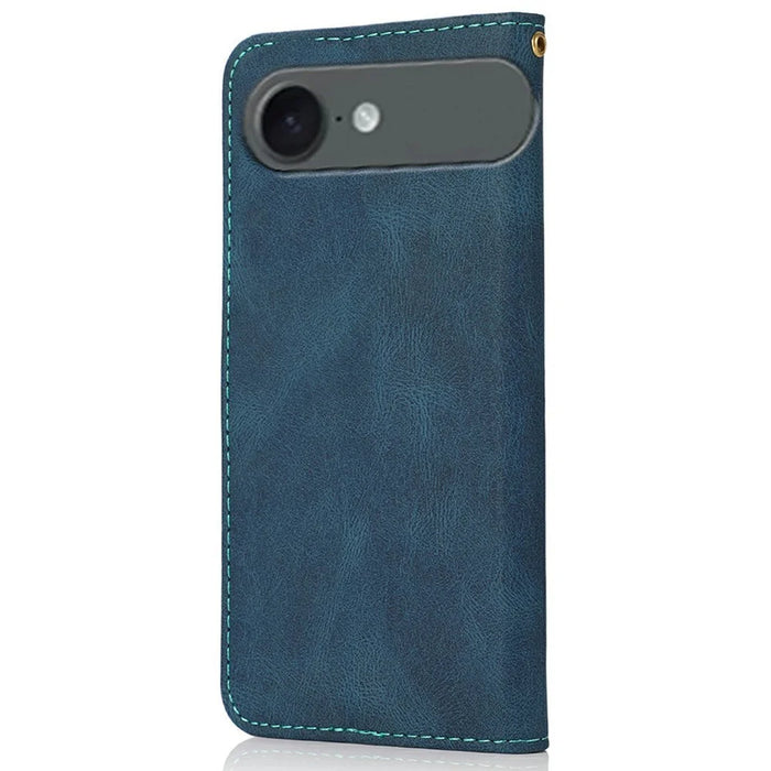 For iPhone Air Case Color Splicing Wallet Stand Leather Phone Cover with Wrist Strap - Blue / Green - 6