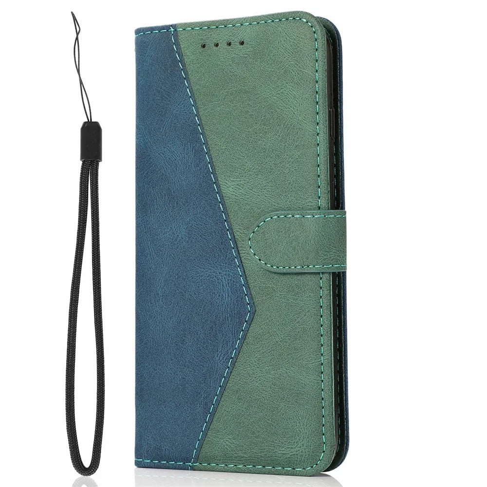 For iPhone 18 Pro Max / 17 Pro Max Case Color Splicing Wallet Stand Leather Phone Cover with Wrist Strap - Blue / Green - 5
