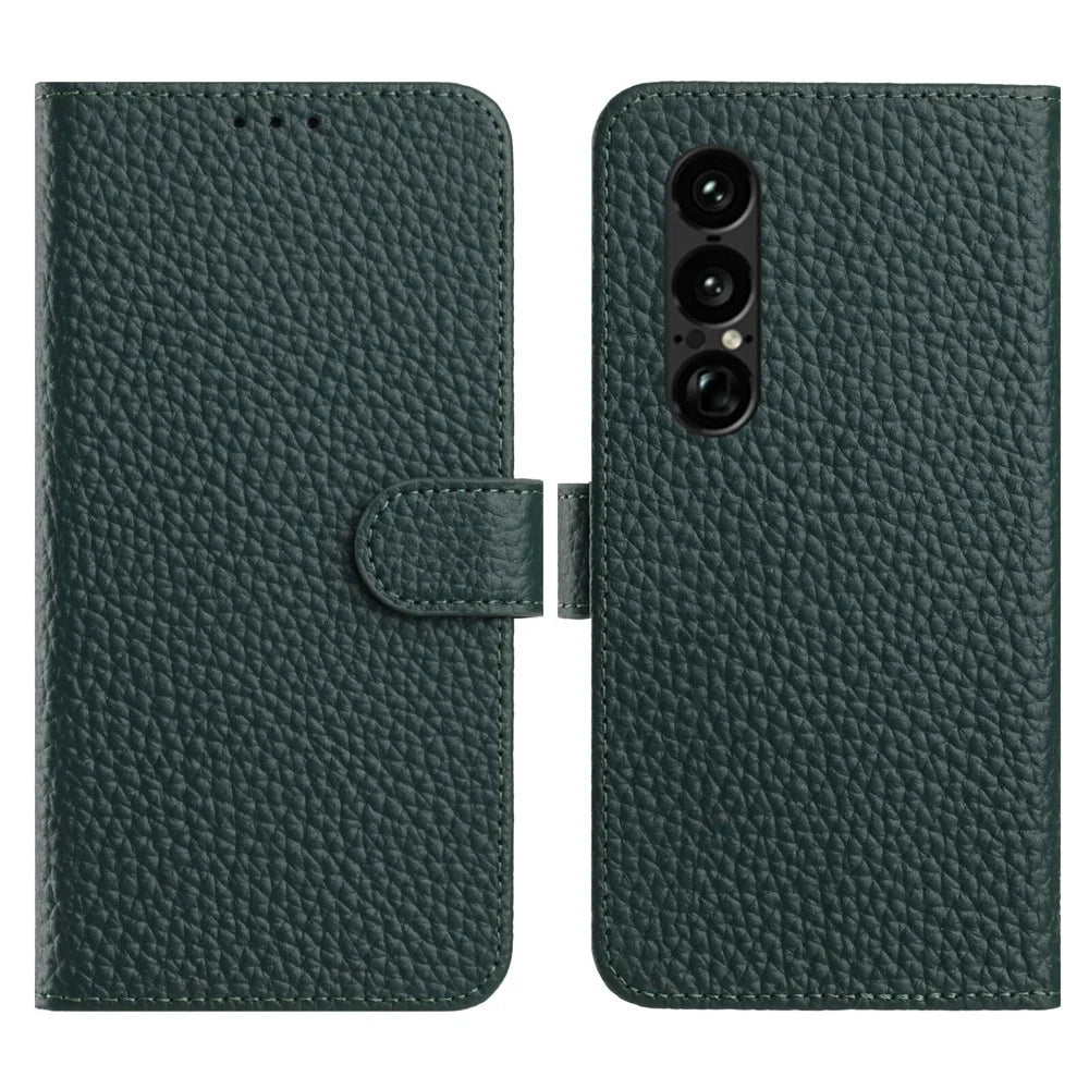 For Sony Xperia 1 VII Case Wallet Stand Litchi Texture Genuine Cow Leather Flip Phone Cover - Green - 1