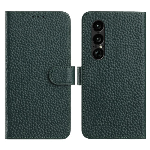 For Sony Xperia 1 VII Case Wallet Stand Litchi Texture Genuine Cow Leather Flip Phone Cover - Green - 1