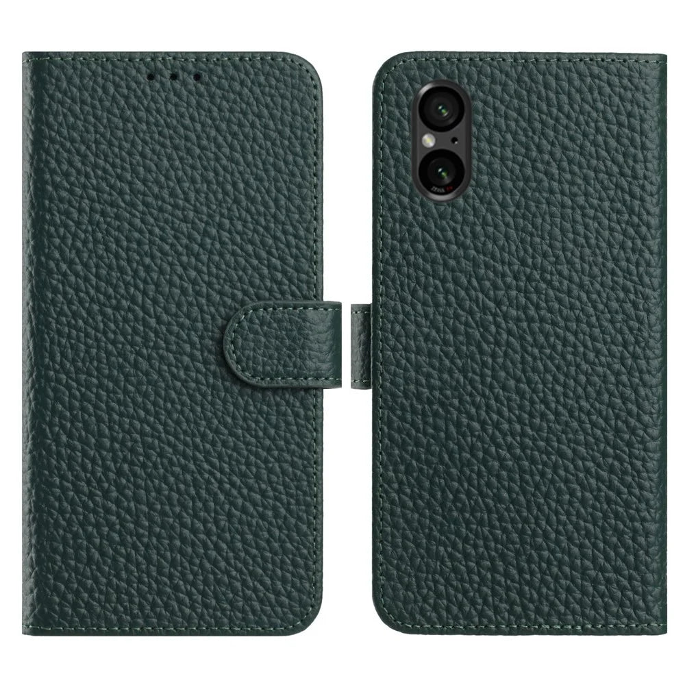 For Sony Xperia 5 V Case Wallet Stand Litchi Texture Genuine Cow Leather Flip Phone Cover - Green - 1