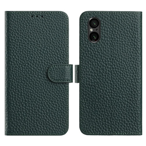 For Sony Xperia 5 V Case Wallet Stand Litchi Texture Genuine Cow Leather Flip Phone Cover - Green - 1