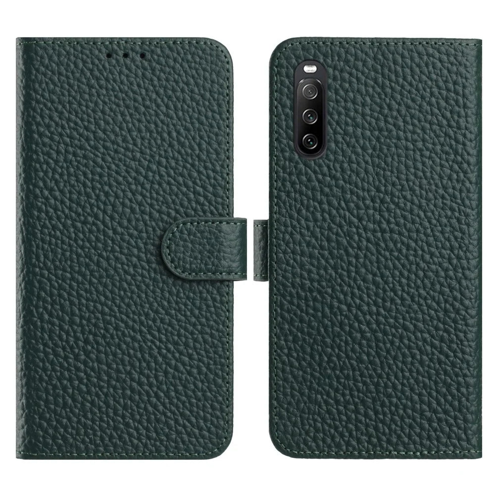 For Sony Xperia 10 V Case Wallet Stand Litchi Texture Genuine Cow Leather Flip Phone Cover - Green - 1