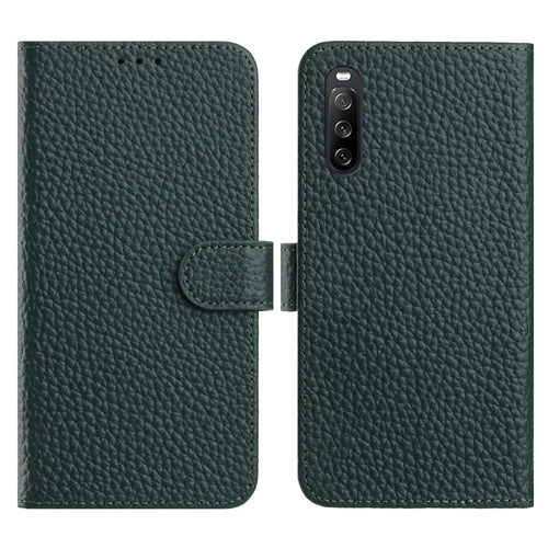 For Sony Xperia 10 V Case Wallet Stand Litchi Texture Genuine Cow Leather Flip Phone Cover - Green - 1