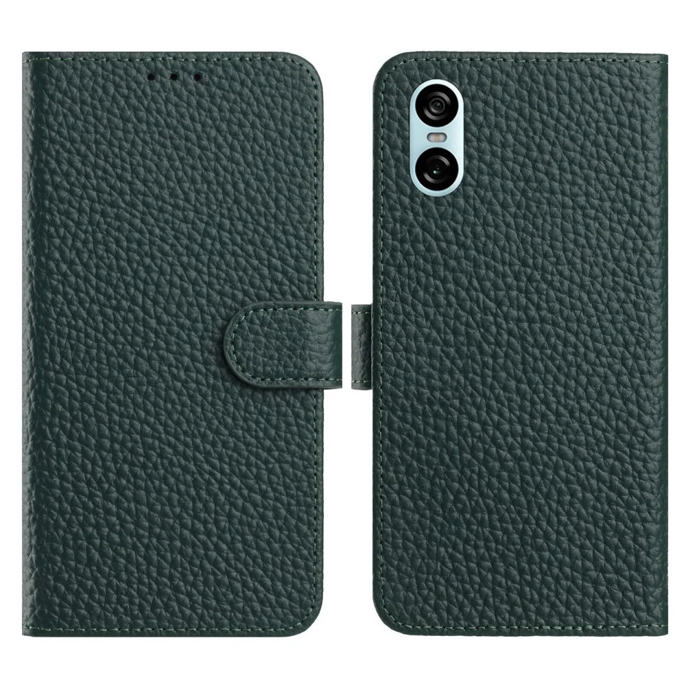 For Sony Xperia 10 VI Case Wallet Stand Litchi Texture Genuine Cow Leather Flip Phone Cover - Green - 1
