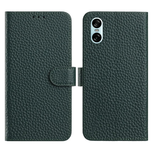 For Sony Xperia 10 VI Case Wallet Stand Litchi Texture Genuine Cow Leather Flip Phone Cover - Green - 1