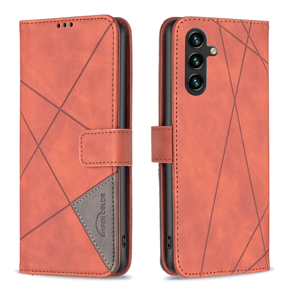 BINFEN COLOR For Samsung Galaxy S25 FE Phone Case  Wallet Stand Geometry Imprinted Leather Cover - Brown - 1