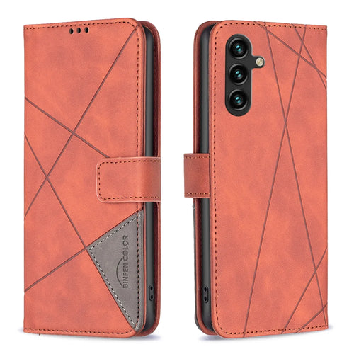 BINFEN COLOR For Samsung Galaxy S25 FE Phone Case  Wallet Stand Geometry Imprinted Leather Cover - Brown - 1