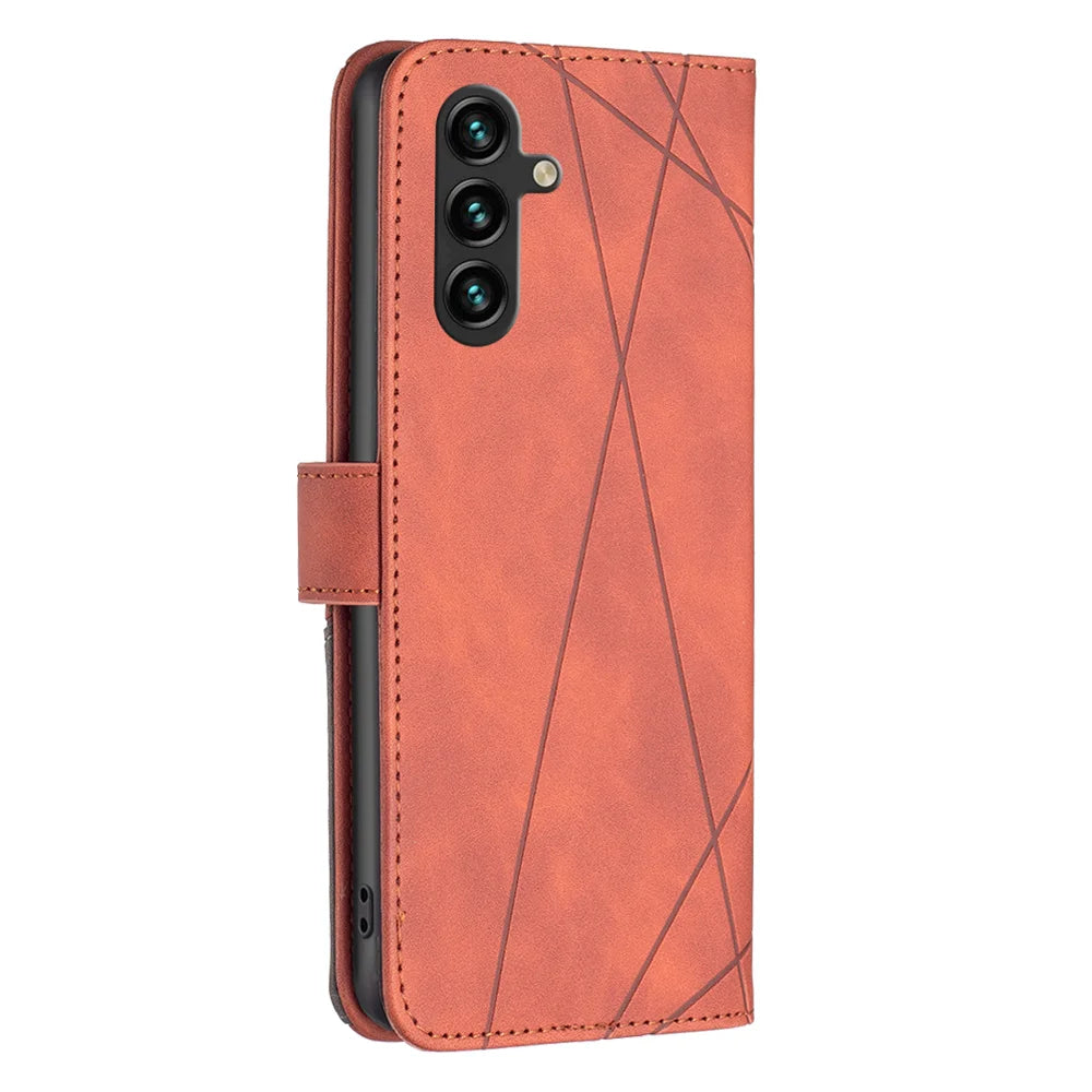 BINFEN COLOR For Samsung Galaxy S25 FE Phone Case  Wallet Stand Geometry Imprinted Leather Cover - Brown - 3