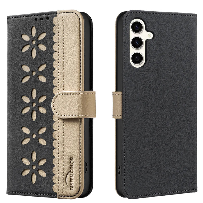 BINFEN COLOR For Samsung Galaxy S25 FE Leather Case  BF36 Floral Pattern Phone Cover RFID Blocking Wallet Stand - Black - 1