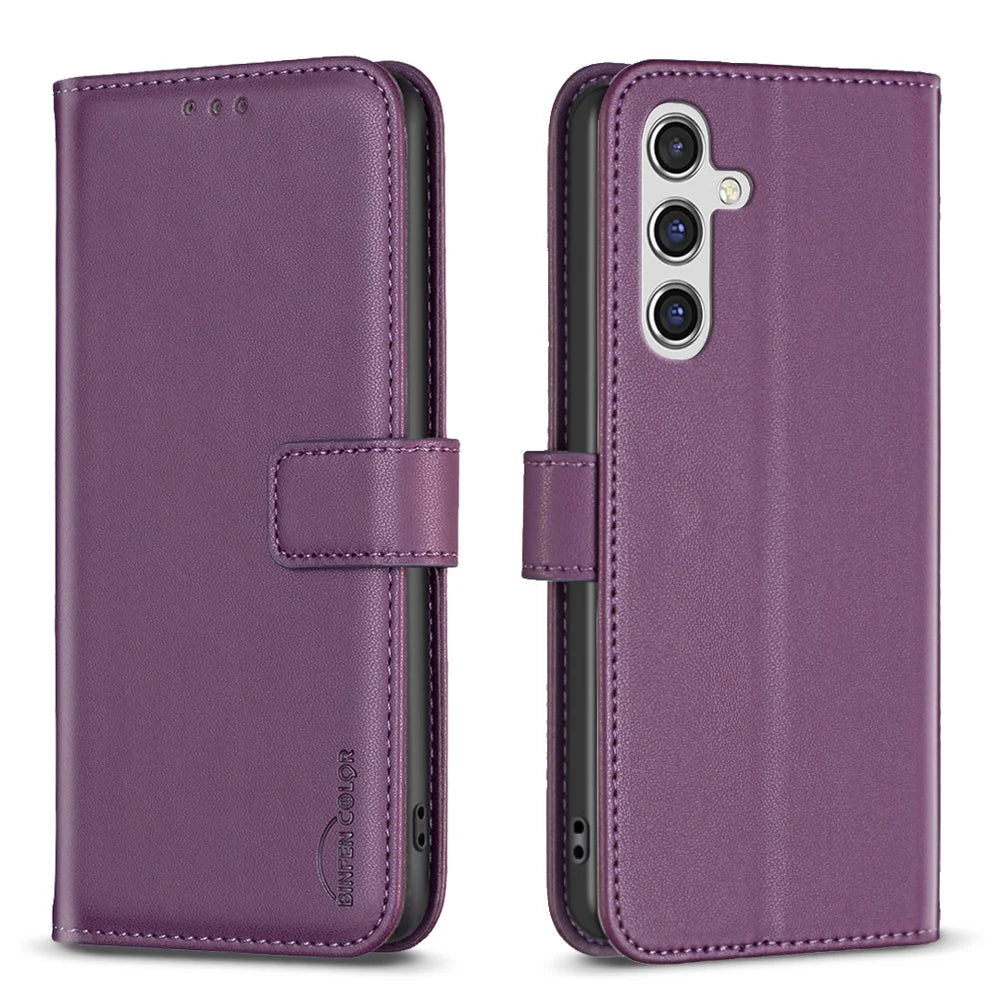 BINFEN COLOR For Samsung Galaxy S25 FE Phone Case  BF17 Wallet Folio Flip Leather Cover - Dark Purple - 1