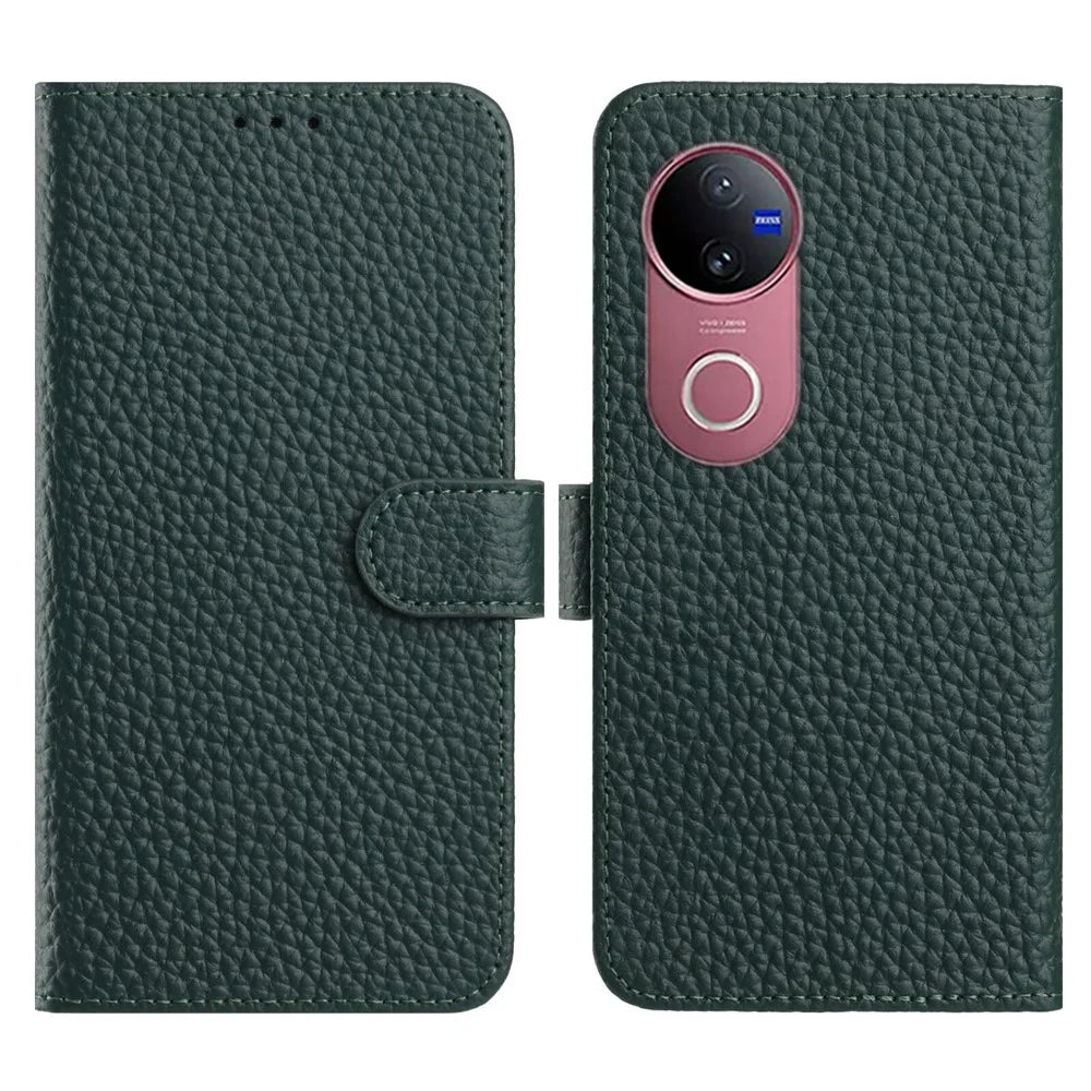 For vivo V50 5G  /  V50e 5G Case Wallet Stand Litchi Texture Genuine Cow Leather Flip Phone Cover - Green - 1