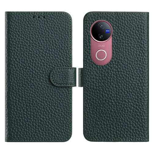For vivo V50 5G  /  V50e 5G Case Wallet Stand Litchi Texture Genuine Cow Leather Flip Phone Cover - Green - 1