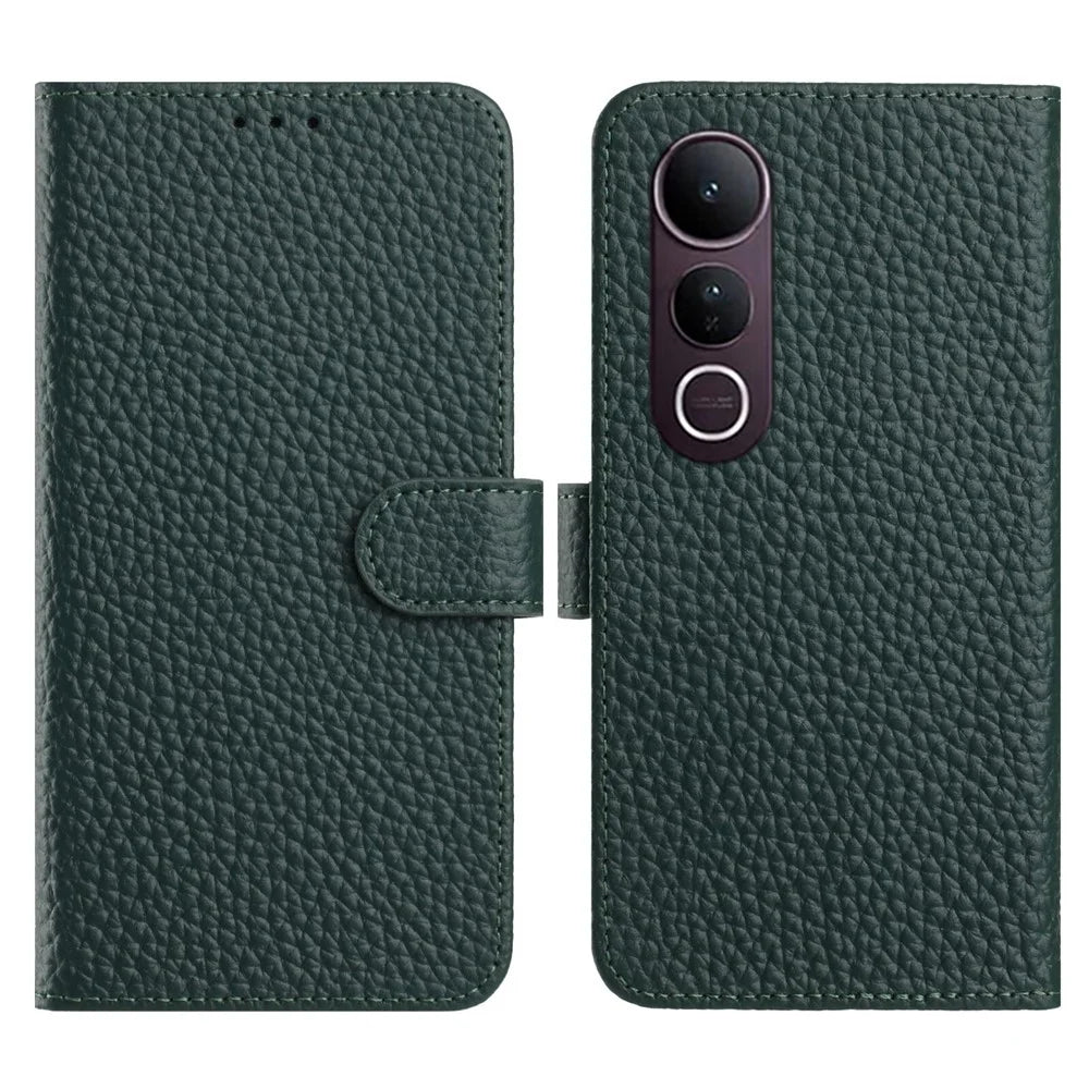 For vivo V50 Lite 5G  /  4G Case Wallet Stand Litchi Texture Genuine Cow Leather Flip Phone Cover - Green - 1