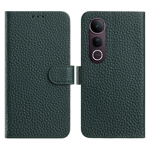 For vivo V50 Lite 5G  /  4G Case Wallet Stand Litchi Texture Genuine Cow Leather Flip Phone Cover - Green - 1