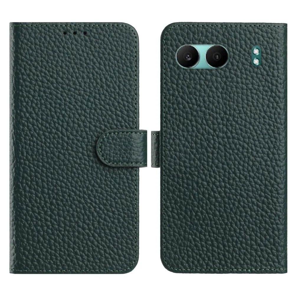 For OnePlus Nord 4 Case Wallet Stand Litchi Texture Genuine Cow Leather Flip Phone Cover - Green - 1
