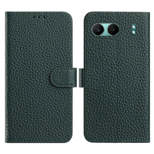 For OnePlus Nord 4 Case Wallet Stand Litchi Texture Genuine Cow Leather Flip Phone Cover - Green - 1
