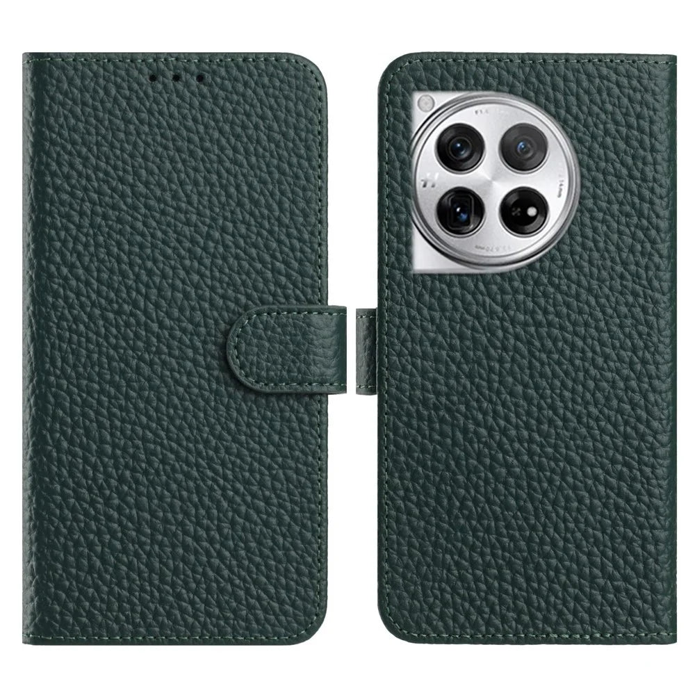 For OnePlus 12 5G Case Wallet Stand Litchi Texture Genuine Cow Leather Flip Phone Cover - Green - 1