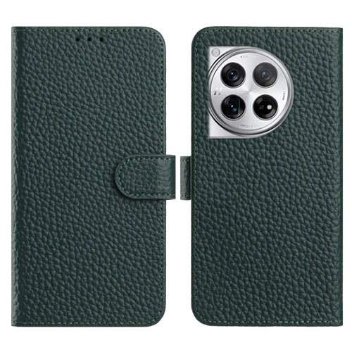 For OnePlus 12 5G Case Wallet Stand Litchi Texture Genuine Cow Leather Flip Phone Cover - Green - 1