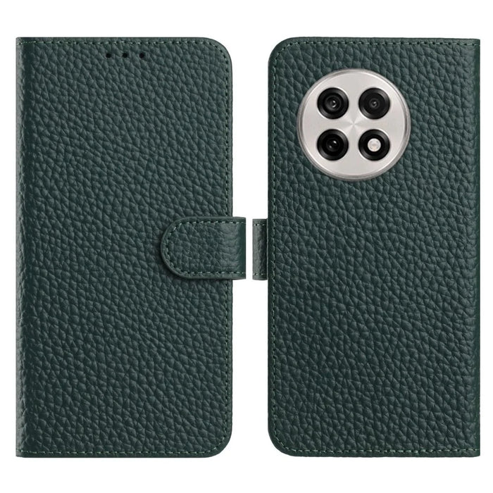For OnePlus 13 Case Wallet Stand Litchi Texture Genuine Cow Leather Flip Phone Cover - Green - 1