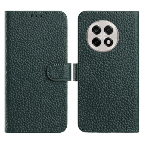 For OnePlus 13R 5G Case Wallet Stand Litchi Texture Genuine Cow Leather Flip Phone Cover - Green - 1